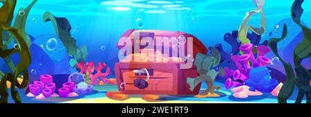 Vecchio scrigno con soldi sul fondo del mare. Illustrazione di un cartone animato vettoriale di antiche scatole di legno di monete d'oro, alghe, conchiglie di perle, barriera corallina, aria Illustrazione Vettoriale