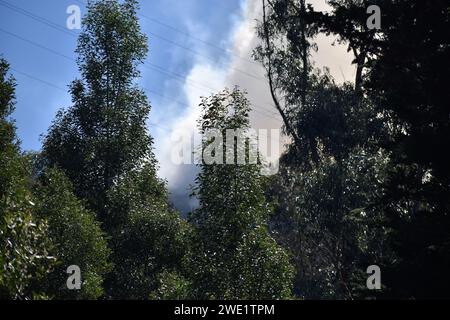 Bogotà, Colombia. 22 gennaio 2024. La difesa civile colombiana, i vigili del fuoco e la polizia militare aiutano e aiutano durante un incendio iniziato durante la mattina del 22 gennaio 2024 a Bogotà, Colombia. Foto di: Cristian Bayona/Long Visual Press Credit: Long Visual Press/Alamy Live News Foto Stock