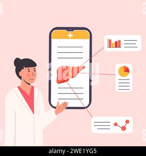 Concept Consulting Doctor Online su cellulare. Un'app che spiega Liver Human Organ. Ricercatrice donna che studia il fegato su Internet. Medico scienziato Illustrazione Vettoriale