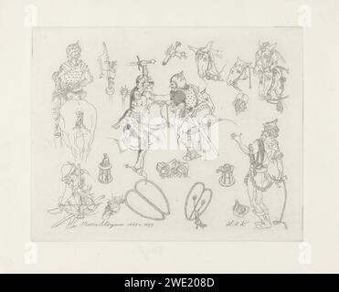 Rivista di studio con diverse figure di guerra, Hendrik Abraham Klinkhamer, dopo Martin Schongauer, 1820 - 1872 stampa foglio di studio con diverse figure di guerra. Nel mezzo due guerrieri combattenti a cavallo. In alto a destra quattro teste di cavallo e a sinistra un soldato imbracato a cavallo visto dal retro. Un archer dormiente sotto il cavaliere. Carta di Amsterdam che incide il soldato; la vita del soldato. le armi di archer. cavallo. armi Foto Stock