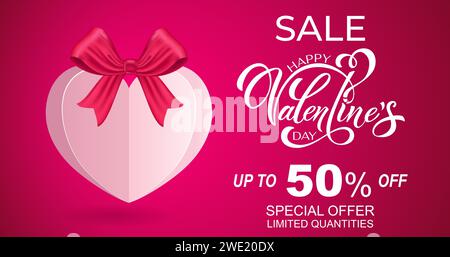 Banner di San Valentino. Composizione romantica con i cuori. Illustrazione vettoriale per siti Web, pubblicità, materiali promozionali. Udito volumetrico Illustrazione Vettoriale