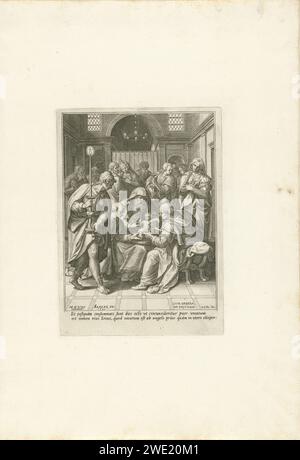 Circoncisione di Cristo, Johann Sadeler (i), dopo Maerten de Vos, 1581 stampa il sommo sacerdote viaggia il bambino di Cristo. Maria e Joseph guardano insieme agli altri. La stampa ha una citazione della Bibbia latina come didascalia ed è la quinta stampa di una serie di dodici parti sulla nascita e i primi anni di Cristo. Carta di Colonia incisione circoncisione del Cristo bambino di Maria Foto Stock