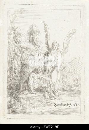 Engel accanto a un giovane, Anonimo, dopo Rembrandt van Rijn, 1635 - 1719 stampa a sinistra c'è un giovane, forse Tobias, sul terreno in un paesaggio. Accanto a lui c'è un angelo, forse Rafaël. Macchina per la stampa: Low Countriesafter design by: Northern Netherlands paper etching Angels. figura seduta. paesaggi Foto Stock