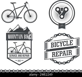 Emblemi e distintivi di biciclette, officine di riparazione biciclette Illustrazione Vettoriale