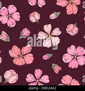 Cherry sakura fiore senza cuciture motivo piatto rosa. Primavera gemma giapponese cinese wrap carta texture stampa tessuto design stoviglie mobili sfondo regalo stampa adesivo tropicale giardino romantico Illustrazione Vettoriale