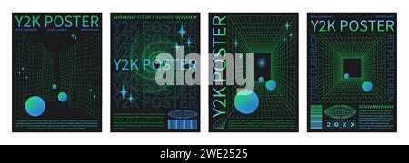 Modello di design poster in stile retrò Y2K con superfici ed elementi prospettici astratti a griglia. Set vettoriale di coperture e striscioni estetici vaporwave con elementi reticolari e sfere colorate sfumate. Illustrazione Vettoriale