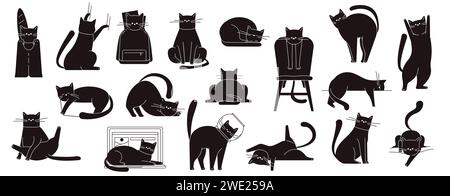 Il gatto nero posa. Simpatico gattino seduto e cammina, simpatici e soffici gatti domestici in diverse pose e posizioni. Set isolato per gatti dei cartoni animati vettoriali Illustrazione Vettoriale