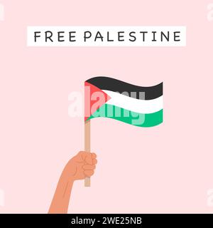 Una persona con bandiera palestinese. Banner con didascalia Free Palestine. Concetto di guerra tra Israele e Gaza. Cartoon Card vettoriale in stile piatto Illustrazione Vettoriale