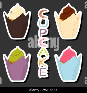 Illustrazione su un grande set a tema diversi tipi di dolce dolce dolce cupcake alle bacche, cupcake composto da panna montata di dolciumi, gustosi cupcake coperti i. Illustrazione Vettoriale