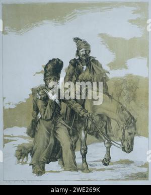 Ritorno dalla Russia, Théodore Géricault, 1818 stampa Un soldato cammina con un cavallo sulle creature, un soldato ferito sul cavallo. I soldati tornano dal fronte russo. Giornale di Parigi ritorno dei soldati alla vita civile, ritorno a casa. Orrori di guerra in Siberia Foto Stock