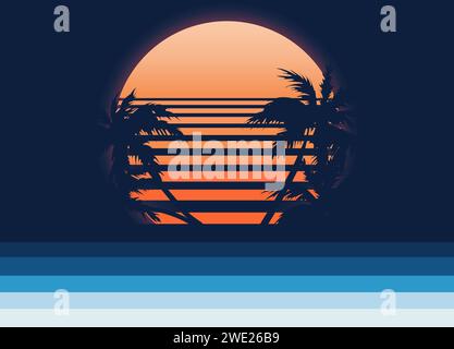 Illustrazione piatta del tramonto sul mare con la silhouette di palme. Concetto di vacanza al mare. Vettore Illustrazione Vettoriale