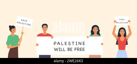 Persone che protestano contro una guerra tra Israele e i territori di Gaza. Persona femminile e maschile con in mano un cartello. Scheda con didascalia Salva Palestina libera. Illustrazione Vettoriale
