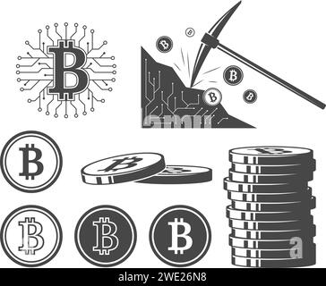 Icone Bitcoin, serie di illustrazioni vettoriali Illustrazione Vettoriale