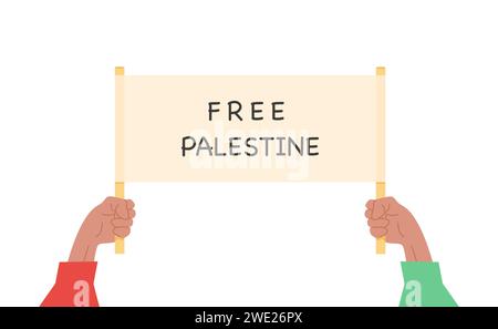 Persone in possesso di un cartello con la didascalia Free Palestine. Concetto di guerra tra Israele e Gaza. Lotta per la libertà palestinese. Banner Vector Card in fla Illustrazione Vettoriale