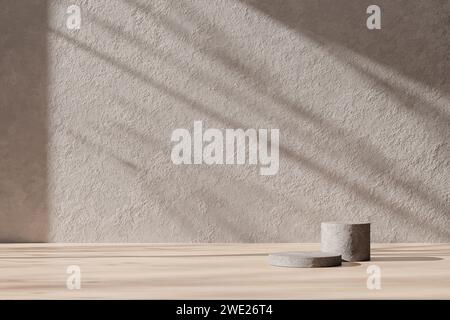 Uno sfondo ricco di ombreggiature che è possibile utilizzare nei progetti. Pareti strutturate e podio con luce del sole che splende. Foto Stock