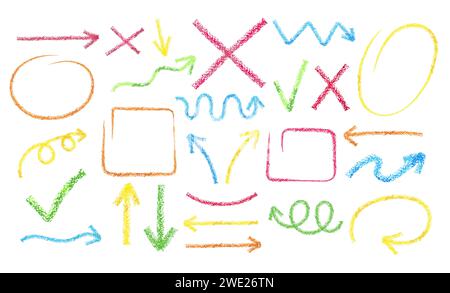 Pennello per pastelli di gesso disegnato a mano cartelli scolastici di matematica per diagrammi. Croci, segni di spunta, cerchi, frecce in stile grunge colorato. A mano libera semplice wa Illustrazione Vettoriale
