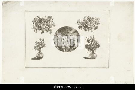 Orologio tra mazzi di fiori e vasi di fiori, Anonimo, dopo Jacques Vauquer, 1661 - 1726 stampa Cassa dell'orologio con il volo per l'Egitto. Dopo il disegno di: Francia (possibilmente)editore: Amsterdam paper Engraving Foto Stock