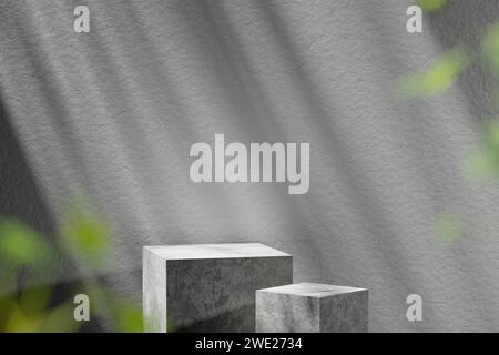 Uno sfondo ricco di ombreggiature che è possibile utilizzare nei progetti. Pareti strutturate e podio con luce del sole che splende. Foto Stock