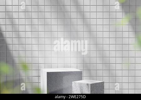 Uno sfondo ricco di ombreggiature che è possibile utilizzare nei progetti. Pareti strutturate e podio con luce del sole che splende. Foto Stock