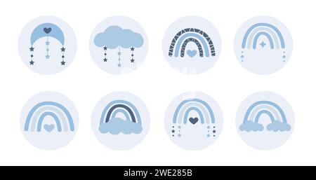 Set di copertine, post e storie per i social media. Icone di cameretta e cameretta per bambini. Arcobaleni, nuvole, cuore e stelle e colore blu pallido. VECTO Illustrazione Vettoriale