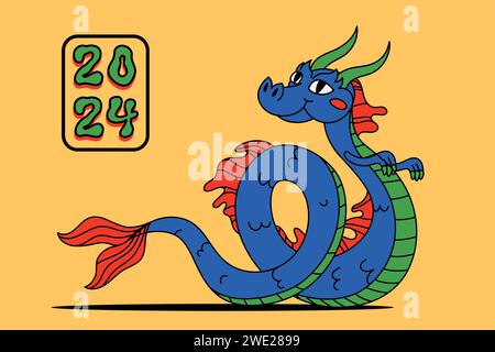 Drago cinese, simbolo lunare di 2024 anni. Poster di Capodanno cinese con drago volante. Illustrazione vettoriale dei cartoni animati scanalati Illustrazione Vettoriale