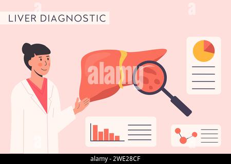 Concetto di consulente medico. Controllo ospedale. Diagnostica degli organi epatici con lente d'ingrandimento. Ricercatore che studia il tessuto epatico. Medico scienziato. H Illustrazione Vettoriale