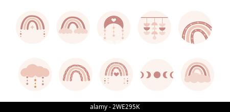 Bohemian Set of Highlights copre storie per i social media. Elementi per bambini e bambini in stile semplice e moderno. Icone Boho vivaio in morbido colore pastello Illustrazione Vettoriale