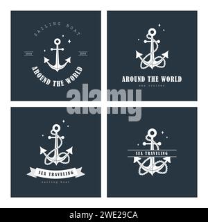 Set di loghi per viaggi in mare. Francobolli vintage con icone di ancoraggio. Crociera marittima. Collezione di badge nautici. Modelli vettoriali per viaggi oceanici al buio Illustrazione Vettoriale