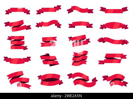 Nastri per striscioni rossi dei cartoni animati. Nastri vuoti con bordo curvo per badge e cartelli, elementi decorativi astratti. Raccolta vettoriale piatta Illustrazione Vettoriale