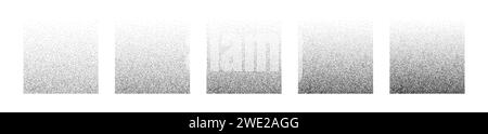 Quadrati graduati di grani. Forme geometriche rumorose con gradazione di tono. Pacchetto di elementi isolati vettoriali su sfondo bianco. Illustrazione Vettoriale
