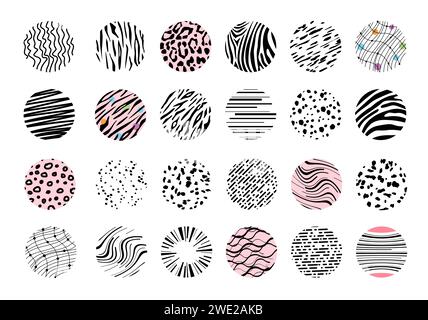 Grande set di pelli per animali disegnate a mano. Motivi neri arrotondati astratti. Illustrazione Vettoriale