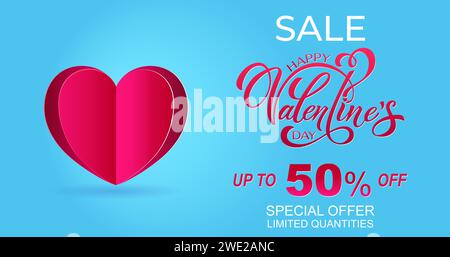 Banner di San Valentino. Composizione romantica con i cuori. Illustrazione vettoriale per siti Web, pubblicità, materiali promozionali. Udito volumetrico Illustrazione Vettoriale