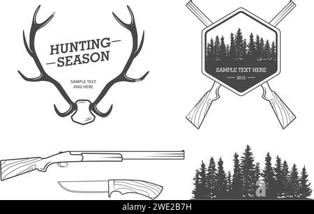 Set di caccia, illustrazioni di caccia, natura selvaggia, emblemi Illustrazione Vettoriale