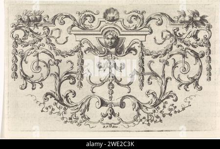 Ornamento con mascaron, ghirlande, viti a foglia e conchiglia, Bernard Picart (laboratorio di), 1683 - 1733 stampa Amsterdam carta incisione / incisione / stampa tipografica fogliame, tendini, rami  ornamento. ornamento  festoon, garland. maschera, mascaron  ornamento. capesante, calotta  ornamento Foto Stock