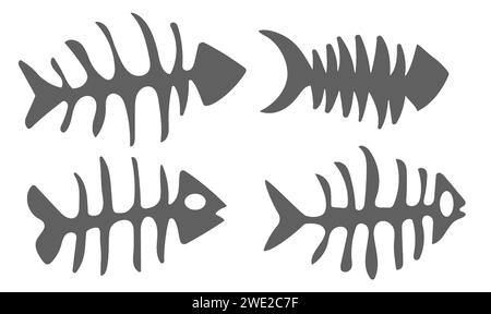 Impostare l'icona a lisca di pesce. Ossa di pesce o scheletro di pesce icona vettoriale piatta per la fauna selvatica Illustrazione Vettoriale