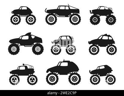 Icone di Monster Truck nere. Veicolo fuoristrada 4x4 diesel con pneumatici, ruote e scarico, autocarro turbodiesel con paraurti piatti e fiamme. Vettore Illustrazione Vettoriale