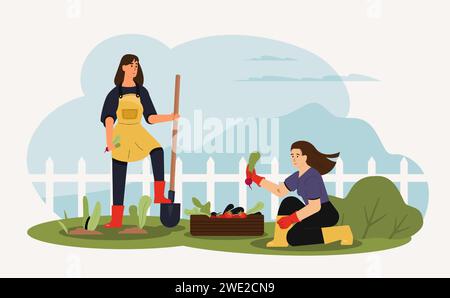 Dipendenti agricoli che lavorano in giardino. Donna che piantava arcobaleni con una pala. Un amico che aiuta e dà verdure Illustrazione Vettoriale