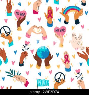 Modello senza cuciture con le mani umane. Pace e simboli hippie. Stampa ripetuta. Nastro di solidarietà nelle armi. Colomba pacifica. Le dita tengono l'arcobaleno. Fiore Illustrazione Vettoriale