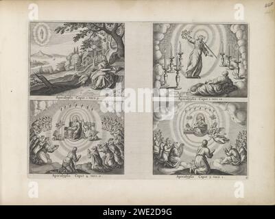 John on Patmos / Vision of the Seven Golden Lamp Standards / God on His Throne, 1643 stampa quattro spettacoli numerati. In alto a sinistra: Johannes de Evangelist scrive le sue rivelazioni in un libro sull'isola di Patmos. Guarda verso il cielo davanti a un'apparizione di Cristo. L'aquila siede accanto a Johannes. Sotto la performance un riferimento al testo della Bibbia. 1: 9. In alto a destra: Cristo, tra le nuvole tra sette candelabri, appare a Johannes. Una spada viene dalla bocca di Cristo. John e', con un libro accanto a lui, a terra. Sotto la performance un riferimento al testo della Bibbia. 1:12. Botto Foto Stock