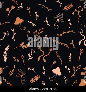 Modello autunno ed estate senza cuciture con funghi e foglie Illustrazione Vettoriale