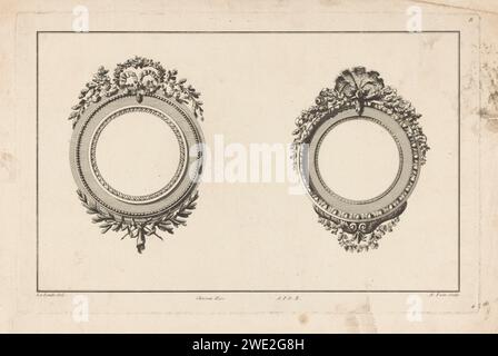 Due cornici rotonde, Augustin Foin , dopo Richard de Lalonde, 1784 - 1785 stampa a sinistra una cornice rotonda con rami e un nastro. A destra una cornice rotonda con rami, rose, un nastro e un motivo di conchiglia. Decorazioni per incisioni/incisioni su carta Parigi  arte (+ decorazioni per inquadrature) Foto Stock