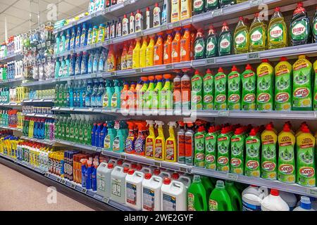 Wasch und Reinigungsartikel - alles in Kunststoffbehälter- gesehen im Spanischen Supermarkt in Morro Jable auf Fuerteventura Süd AM 16.01.2017 *** prodotti per il lavaggio e la pulizia tutti in contenitori di plastica visti nel supermercato spagnolo di Morro Jable a Fuerteventura Sud il 16 01 2017 Foto Stock