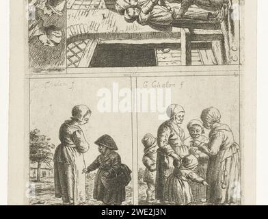 Quattro spettacoli di vita familiare, Christina Chalon, 1758 - 1808 stampa una rivista senza adulterazioni con quattro spettacoli di vita familiare. Nella prima performance una donna si trova davanti alla porta d'ingresso. È in conversazione con suo marito. Ha sua figlia al braccio. Una seconda figlia e' accanto al padre. Una seconda performance è di due ragazze. Il più giovane ha un cesto intorno al braccio. La terza performance è di tre donne. Stanno insieme e sono impegnati. Una delle donne ha un figlio. Un altro bambino si è nascosto dietro la gonna. La quarta e ultima performance mostra i busti di Foto Stock