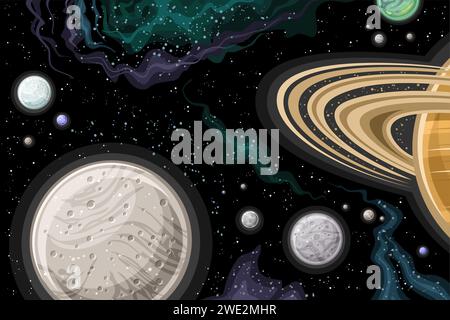 Vector Fantasy Space Chart, poster orizzontale con illustrazione delle lune di saturno, rotazione intorno al pianeta Saturno nello spazio profondo, decorativo futuristico c Illustrazione Vettoriale
