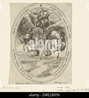 Giove schianta Phaëthon, Philips Galle (attribuito a workshop o), dopo Maerten de Vos, 1542 - 1602 stampa in una lista ovale un'immagine: Giove vola su un'aquila e fulmini phaëthon e il carro solare dalle nuvole. Phaëthon depositi sulla terra. Un testo latino nell'elenco ovale. La stampa fa parte di una serie che descrive la storia di Phaëthon. Carta di Anversa che incide la caduta di Phaethon; viene colpito da un fulmine di Giove Foto Stock