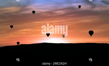 Paesaggio della Cappadocia con sagome di mongolfiere nel cielo mattutino, Nevsehir, Turchia Foto Stock