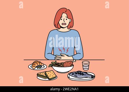 La ragazza soffre di mal di stomaco a causa di problemi digestivi, siede a tavola con il cibo. La donna malata ha bisogno di consultare il nutrizionista per ripristinare la salute dello stomaco e degli organi digestivi. Illustrazione Vettoriale