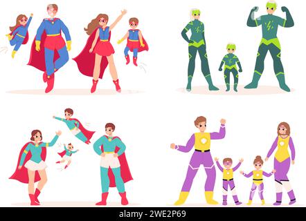 Genitori e bambini supereroi dei cartoni animati. Famiglie supereroi in maschere e mantelli. Le persone indossano costumi e simpatici personaggi vettoriali Illustrazione Vettoriale