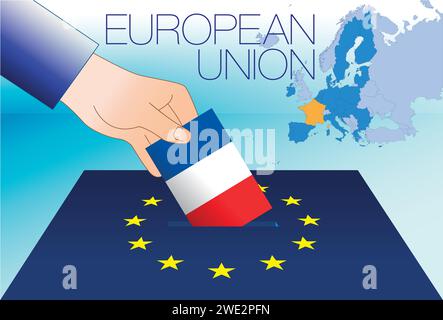 Unione europea, casella di voto, elezioni del parlamento europeo, bandiera e mappa della Francia, illustrazione vettoriale Illustrazione Vettoriale