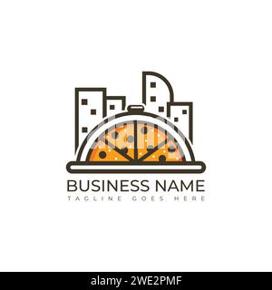 Illustrazione vettoriale del logo Pizza City o Pizza Town. Un logo illustrativo con mezza fetta di pizza e un edificio urbano dietro di esso Illustrazione Vettoriale